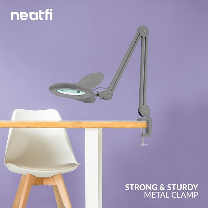 Neatfi (New Model Bifocals 1,200 Lumens Super LED Magnifying Lamp with Clamp, Dimmable, 60 Pcs SMD LED, 5 Inches Diameter Lens, Adjustable Arm Utility Clamp (5 Diopter + 20 Diopter, Silver)