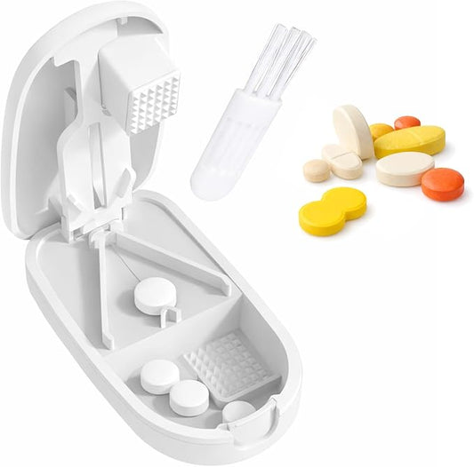 Pill Cutter and Splitter for Small and Large Pills, Vitamin Tablet Press Crusher, Pocket Pill Organizer with Safety Blade Guard, Portable Divider for Travel Use – White