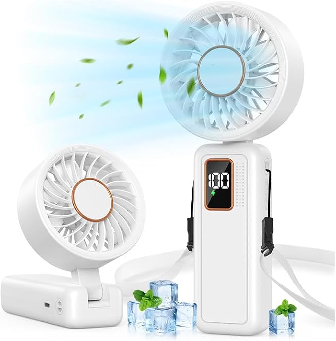 Handheld Fan, 5 Speed & 14H Cooling Time Portable Fan, 6000mAh USB Rechargeable Mini Fan with LED Display, Powerful but Quiet, Foldable Desk Fan, Lanyard for Neck Fan, Personal Fan for Travel/Office
