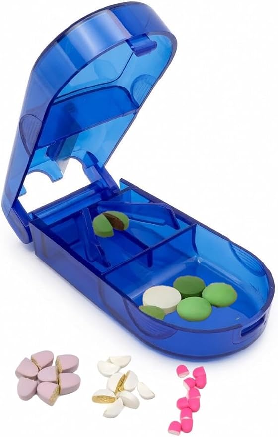 Pill Cutter, Precise 1/2 Pill Splitter for Small and Large Pills, Portable Medicine Divider with Storage Compartment, for Travel and Daily Use (Blue, Clear Mini)