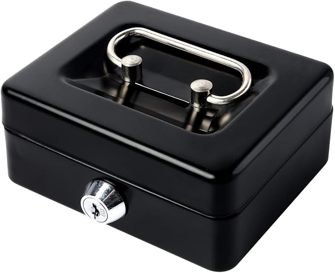 Small Cash Box with Lock and Slot - Jssmst Metal Coin Bank Small Lock Box, Black(SMCB0301N)