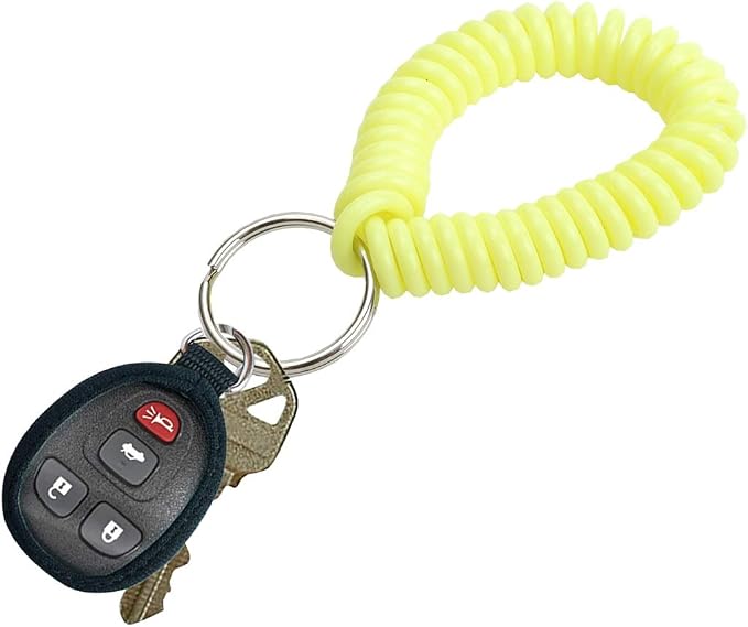 Lucky Line 2” Spiral Wrist Coil with Steel Key Ring, Flexible Wrist Band Key Chain Bracelet, Stretches To 12”, Neon Yellow, 5 Pack (4108605)