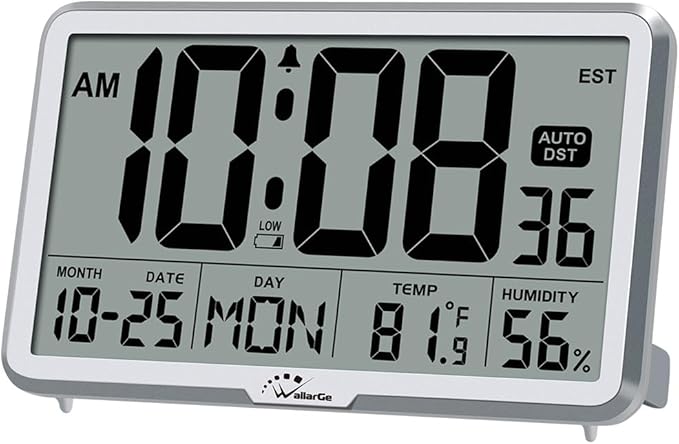WallarGe Auto Set Digital Wall Clock Battery Operated, Desk Clocks with Temperature, Humidity and Date, Large Display Digital Calendar Alarm Clock for Elderly, Bedroom, Office, 8 Time Zone, Auto DST.