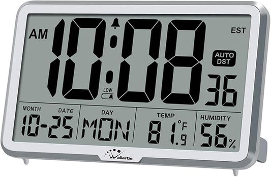 WallarGe Auto Set Digital Wall Clock Battery Operated, Desk Clocks with Temperature, Humidity and Date, Large Display Digital Calendar Alarm Clock for Elderly, Bedroom, Office, 8 Time Zone, Auto DST.