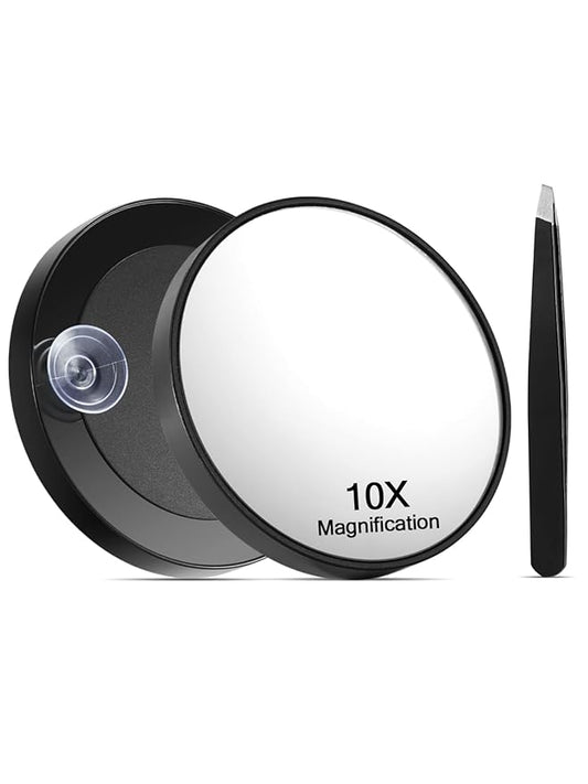 10X Magnifying Mirror with Suction Cups and Tweezers Set, 3.5 inches Magnified Makeup Mirror, Black, 1PC