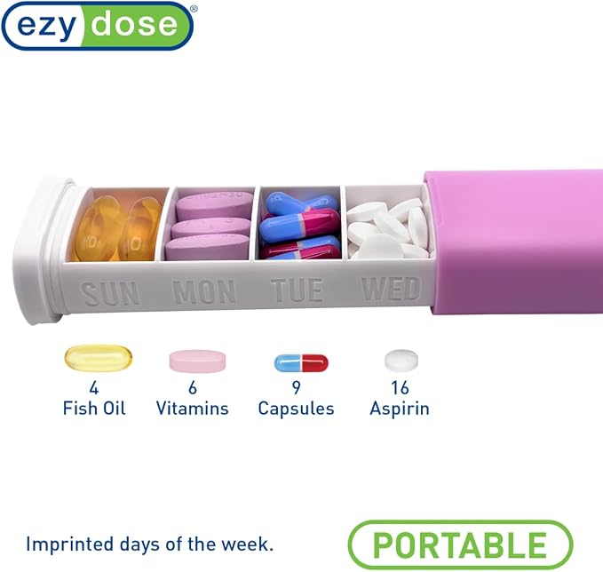 Ezy Dose Weekly (7-Day) Pill Organizer, Sliding Medicine Planner, Pink | Daily Medication Storage Case with BPA-Free Plastic with Plastic Exterior, For Tablets, Vitamins & Supplements, 6.5-Inch