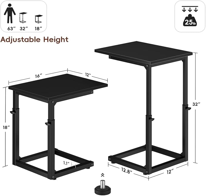 C-Shaped End Table for Couch, 33" Tall C Table Adjustable Height Side Table, Couch Side Tables with Metal Frame Slide Under Sofa, Sofa Table TV Tray for Living Room, Bedroom, Bedside, Black