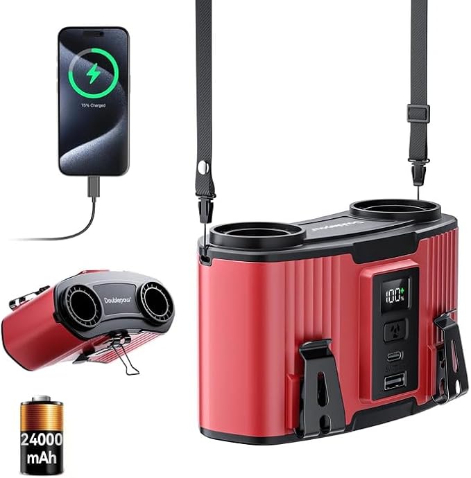 Doublepow 24000mAh Portable Waist Fan, Personal Fan, Dual Air Ducts Motors, Rechargeable Clip On Belt for Working, 10 Speeds 45H Wearable Neck Cooling, for Outdoor Work Travel, Power Outage (Red)﻿