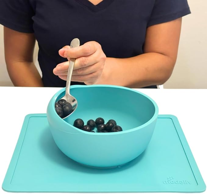Modaliv 34oz Adult Scooper Bowl with Suction Base – Adaptive Silicone Placemat for Stroke Recovery, Elderly, or Disabled – Microwave & Dishwasher Safe – Non-Slip Feeding Aid (Turquoise)