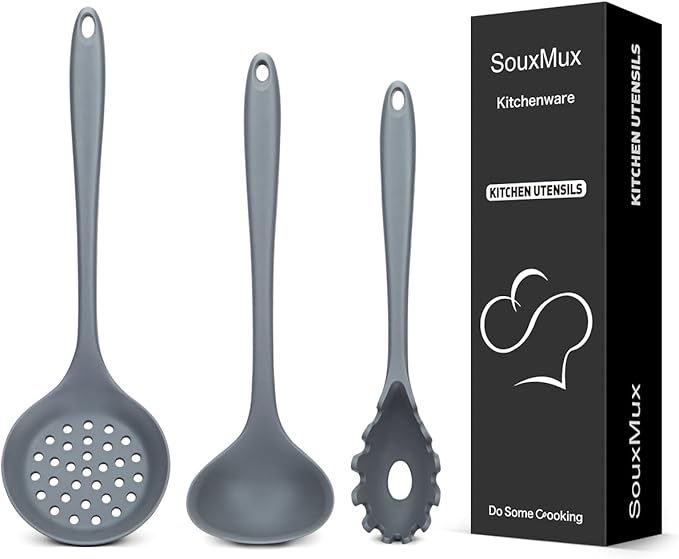 3 Pcs Silicone Kitchen Utensils Set, Soup Ladle-Pasta Fork-Slottede Spoon, Nonstick BPA Free High Heat Resistant Cooking Utensils for Mixing, Serving, Draining, Turning, Stirring