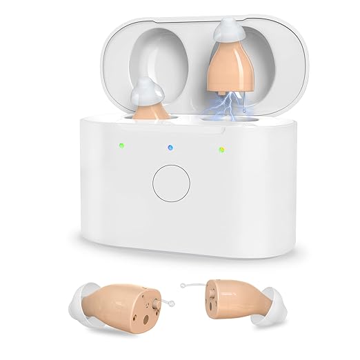 Rechargeable Hearing Aids with 3 Noise Cancelling Program Selection and Button Volume Control,Earrck 12-Channel (CIC) Digital Hearing Amplifier for Seniors with Mild to Moderate Hearing Loss (Beige)