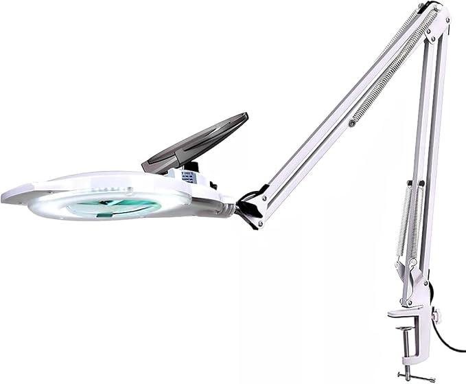 KIRKAS 12X LED Magnifying Lamp with Clamp, 2,200 Lumens Dimmable Bright | 28in Adjust Swivel Arm Magnifying Glass with Light for Repair Reading Craft Needlework Workbench Magnifier Dust Cover White