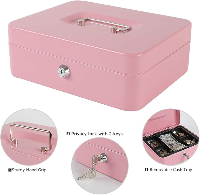 xydled Locking Steel Large Cash Box with Removable Coin Tray and Key Lock,9.84"x 7.87"x 3.54",Pink
