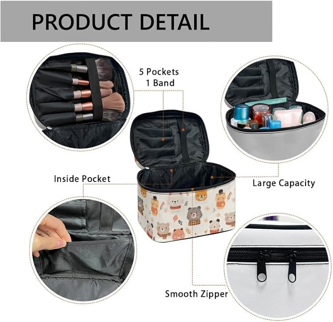 Cute Animals Cosmetic Makeup Bag Large Portable Travel Toiletry Organizer for Women, Cartoon Cats Bears Print Make up Organizer with Handle