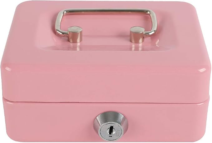 xydled Locking Steel Mini Cash Box with Removable Coin Tray and Key Lock for Kids, 4.92" x 3.74" x 2.36",Pink