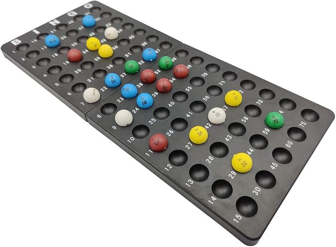 Yuanhe Deluxe Bingo Game Set - 6 Inch Metal Cage with Calling Board, 5 Shutter Slide Cards, 75 Colored Balls, for Large Group Games