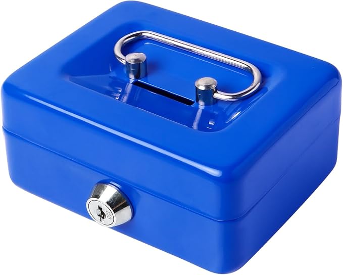 Jssmst Small Cash Box with Lock and Slot, Metal Coin Piggy Bank for Adults and Kids, Blue Locking Money Box