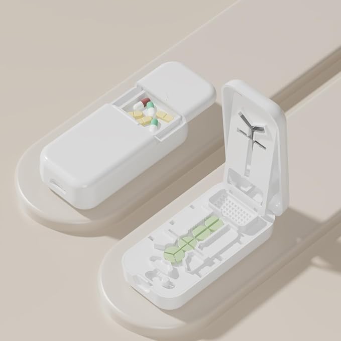 3-in-1 Pill Cutter 1/4 1/3 1/2 with Pill Storage Case, Stainless Steel Blade Cuts Pills Ideal for Cutting Vitamins and Pills (White)