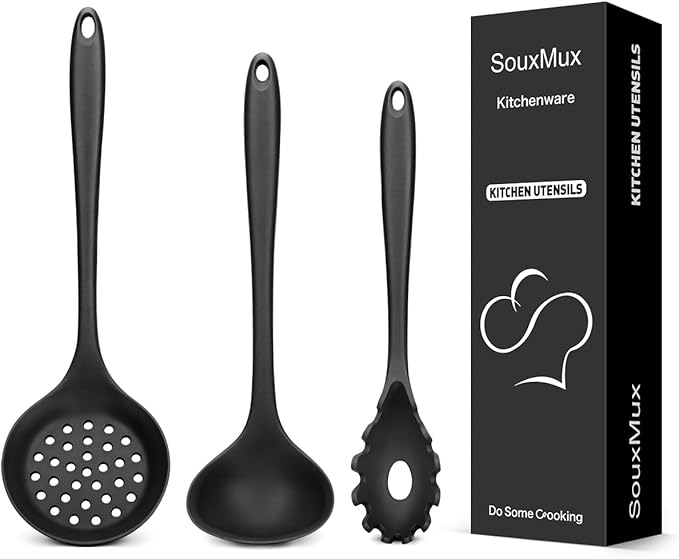 3 Pcs Silicone Kitchen Utensils Set, Soup Ladle-Pasta Fork-Slottede Spoon, Nonstick BPA Free High Heat Resistant Cooking Utensils for Mixing, Serving, Draining, Turning, Stirring