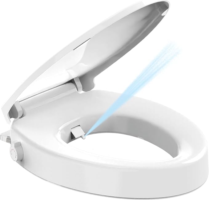 Huttdmel Raised Bidet Toilet Seat Elongated 18.5" – Soft Close, Dual Self-Cleaning Nozzles, Quick Release & Connect, Sturdy PP, Won't Loosen, Ideal for Seniors, Elderly & Limited Mobility, White