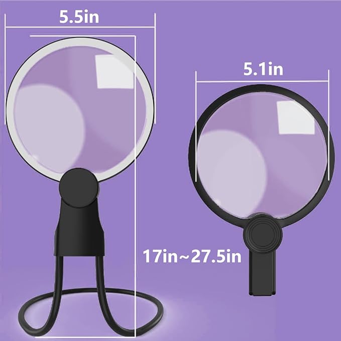 6X Hands-Free Magnifying Glass & Goose Neck Magnifier with Light | Neck-Worn Rechargeable for Reading, Crafts, Cross Stitch | Large View for Low Vision Seniors & Close Work