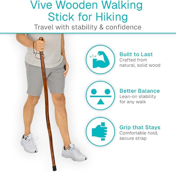 Vive Wooden Walking Stick for Hiking - Handcrafted, Waterproof, with Leather Wrist Strap - Wood Staff for Balance, Women, Men, Seniors - Non-Slip Tip for Safety