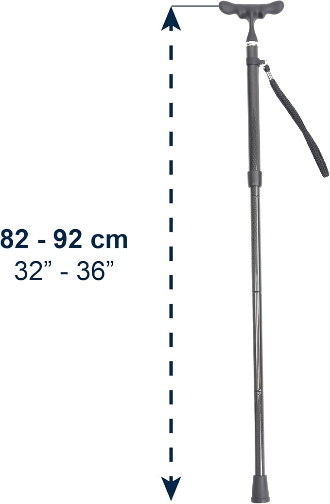 KMINA Folding Cane for Men and Women (Carbon Fiber), Soft Grip, Adjustable Height, Lightweight, Black, PRO Model