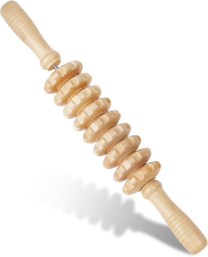Liitrton Manual Wooden Massage Roller Stick for Legs, Smooth Body Roller | Straight-9-Wheel Massager, Wood Therapy Massage Tools for Trigger Points Relief, Sore Muscle Recovery
