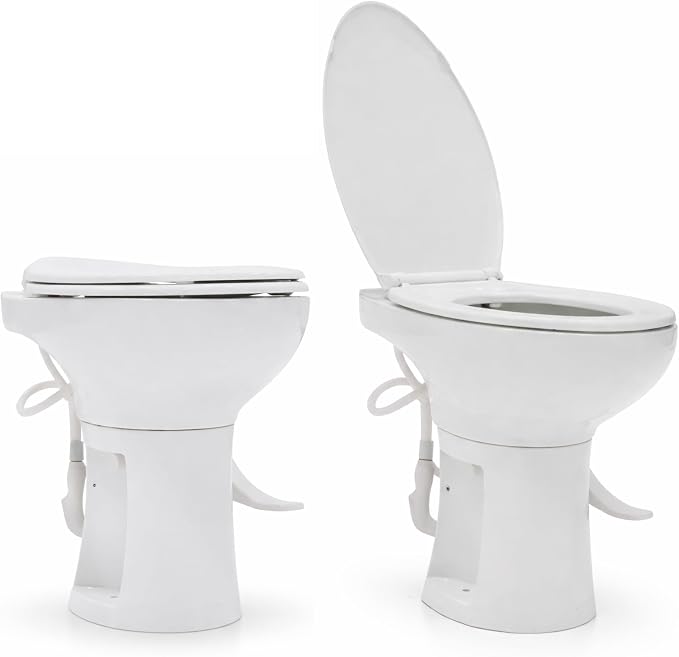 SEAFLO Porcelain RV Toilet with Sprayer Attachment - Elongated Bowl 19” Inch Residential Height, Gravity Flush, Foot Pedal Soft Close Seat Camper Motorhome Easy Install 4 -year Warranty SFRTCH-02-02