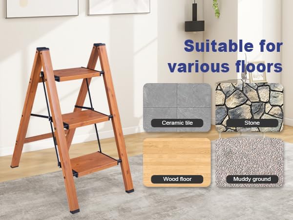 Step Ladders Folding 3 Step Stool Woodgrain Finish Aluminum,Tripod Anti-Slip Portable Sturdy for Home & Kitchen Office 330 lbs
