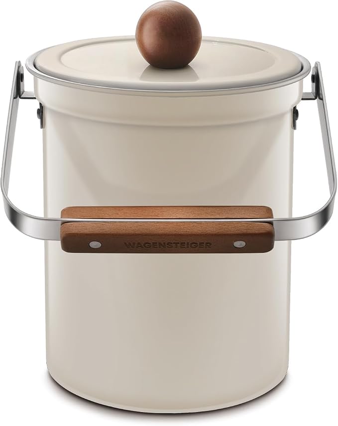 WAGENSTEIGER Kitchen Countertop Compost Bin 101ounces / 3Liters, Airtight Lid SUS304 Stainless Steel Odor-Free Food Waste Bin with Wooden Handle Stylish Design Bathroom Trash Can (Off-White)