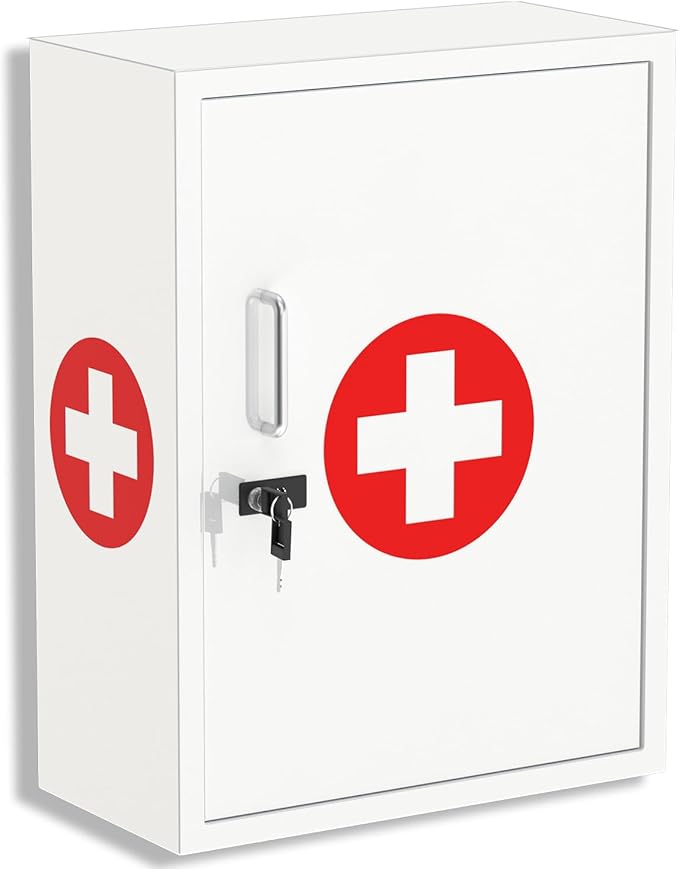 Wall-Mount Locking Medicine Cabinet: Large Metal Storage Organizer Box with Combination & Key Lock - Secure First Aid Medicine Cabinet for Bathroom Home Office(20.6" H x 15.75" W x 5.98" D)