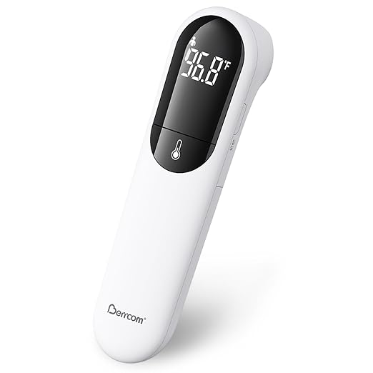 Berrcom Dual Probe No Touch Forehead Thermometer Fever Alarm All Ages | Fast reading digital thermometer with LED screen & fever alarm, no-touch dual probe design for all family members