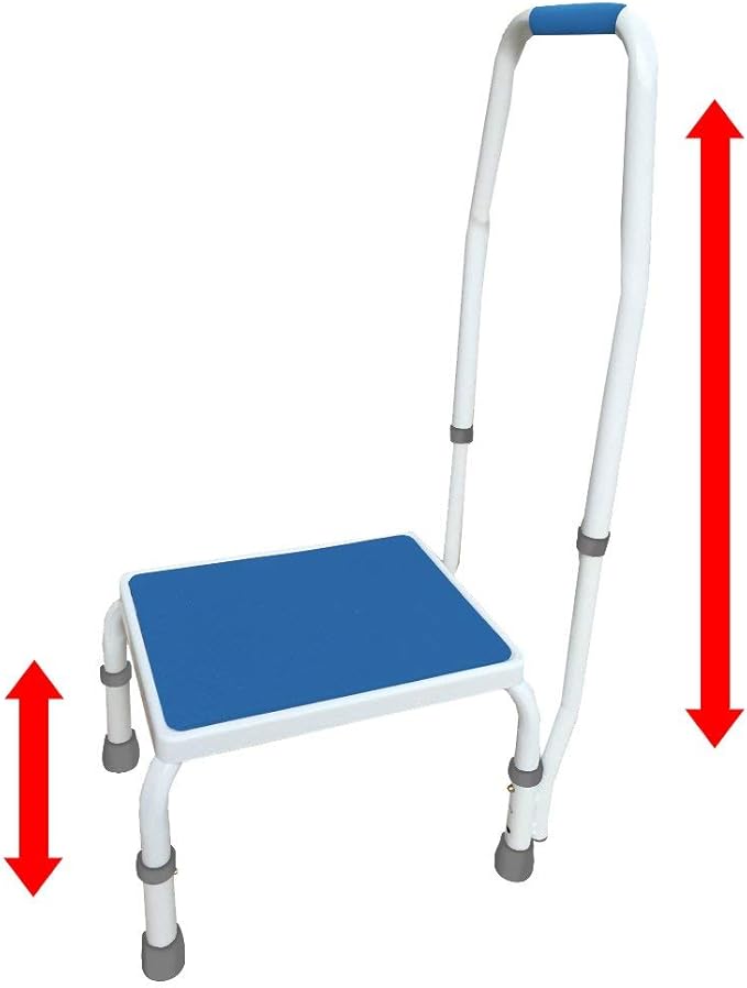 Platinum Health AdjustaStep(tm) Deluxe Step Stool/Footstool with Handle/Handrail, Height Adjustable. Modern White/Blue Design. Padded Non-Slip Handle. 300 lb. Capacity