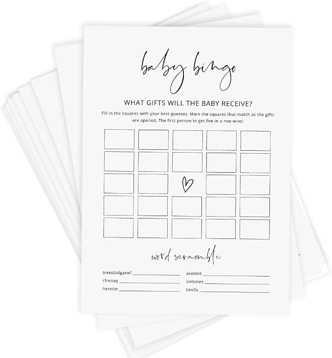 GardenCity Baby Shower Bingo Game - Baby Gift Bingo with Word Scramble, Blank Squares, 50 Cards (Minimalist)