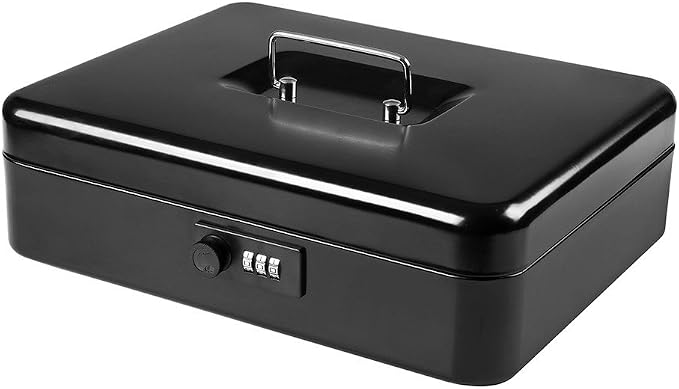 Jssmst X- Large Cash Box with Combination Lock - Durable Metal Cash Box with Money Tray, Black, 11.81 x 9.84 x 3.46 inches, CB0701XLN