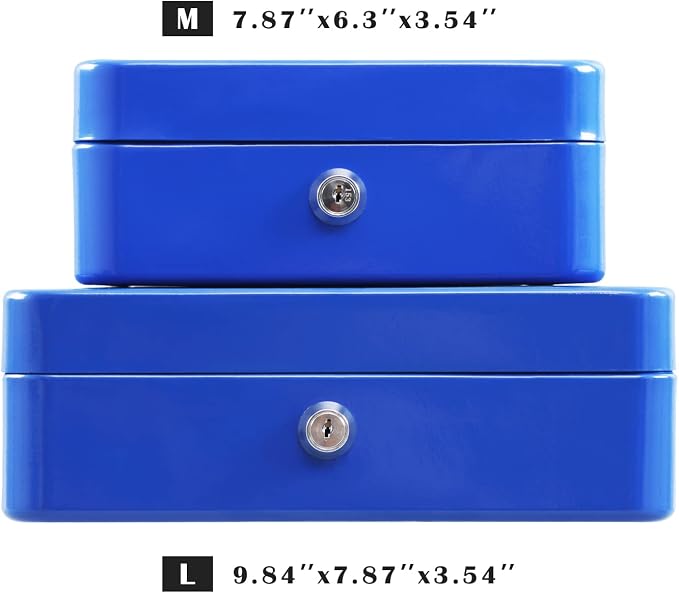 xydled Locking Steel Medium Cash Box with Removable Coin Tray and Key Lock,7.87"x 6.30"x 3.54",Blue