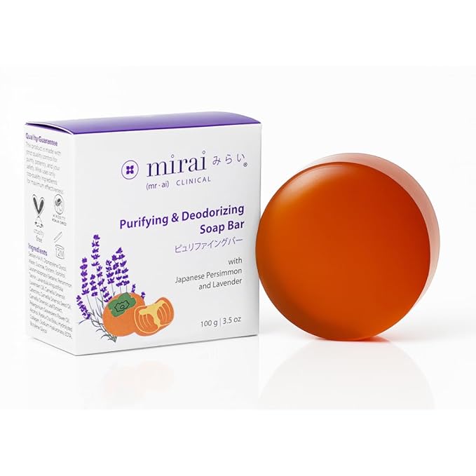 Mirai Clinical Persimmon Soap Bar with Lavender Scent - Japanese Persimmon Soap for Old People Smell - Made with Green Tea Extract - Nonenal® Odor Removal Deodorizing Bar for Unisex