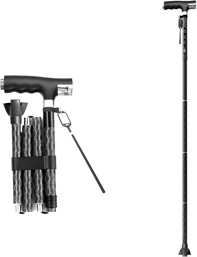 Aluminum Alloy Walking Cane, with LED Light, Height Adjustment and Foldable, Ergonomic Contoured Grip, All-Terrain Walking Stick for Men/Women(PP802-5-Y,)