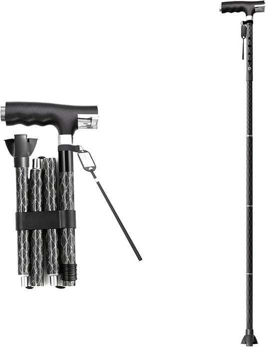 Aluminum Alloy Walking Cane, with LED Light, Height Adjustment and Foldable, Ergonomic Contoured Grip, All-Terrain Walking Stick for Men/Women(PP802-5-Y,)