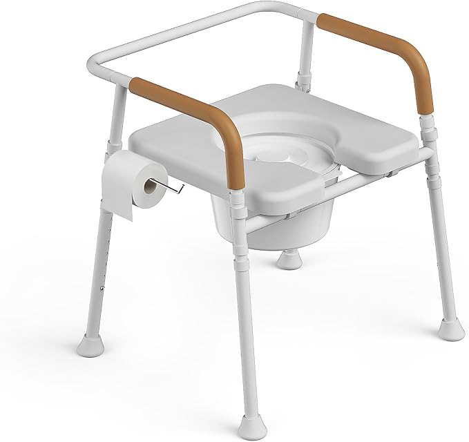 3-in-1 Bedside Commode for Seniors | 350lbs Reinforced Iron, Padded Seat & Arms, Height Adjustable Toilet Rails, Raised Toilet Seat with Bucket & Splash Guard