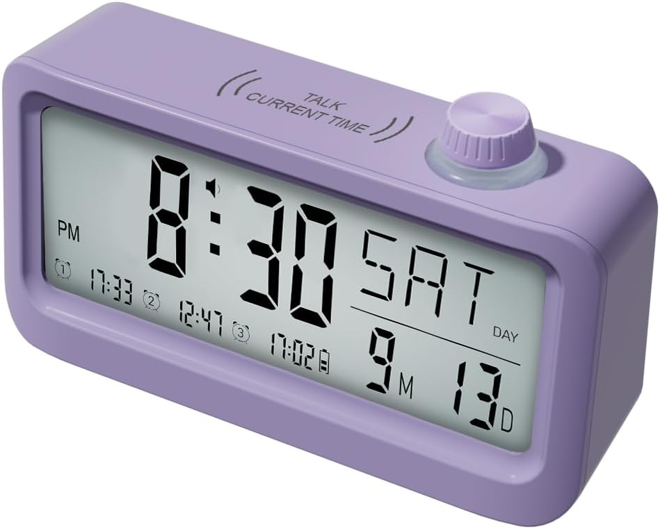Medication Pill Reminder, Rechargeable Talking Alarm Clock with 3 Custom Voice Recording Alarms, Touch-to-Talk, a Digital Alarm Clocks Gift for Mom/Dad/Seniors/Elderly(Pruple)