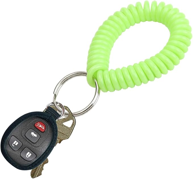 Lucky Line 2” Spiral Wrist Coil with Steel Key Ring, Flexible Wrist Band Key Chain Bracelet, Stretches To 12”, Neon Green, 5 Pack (4104605)