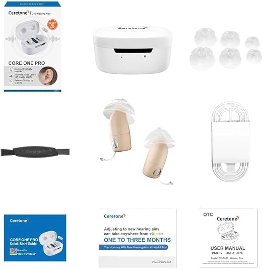 Ceretone Supermini Rechargeable Hearing Aids for Seniors, Invisible OTC Hearing Aids with Advanced Wind Noise Management - Auto Turn On&Off, Hearing Device with 4 Sizes Soft Eartips (Beige)