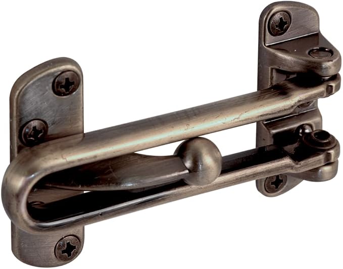 Prime-Line U 9899 Swing Bar Lock for Hinged Swing-In Doors – Secondary Security Lock for Door & Security, 3-7/8” Bar Length, Diecast Zinc Construction w/ Antique Brass Finish (Single Pack)