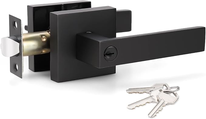 KNOBWELL Heavy Duty Complete Exterior Keyed Entrance Handleset(Keyed Alike), Black Door Handle, Lever Door Handle, Left or Right Handing, Door Handle with Lock and Key