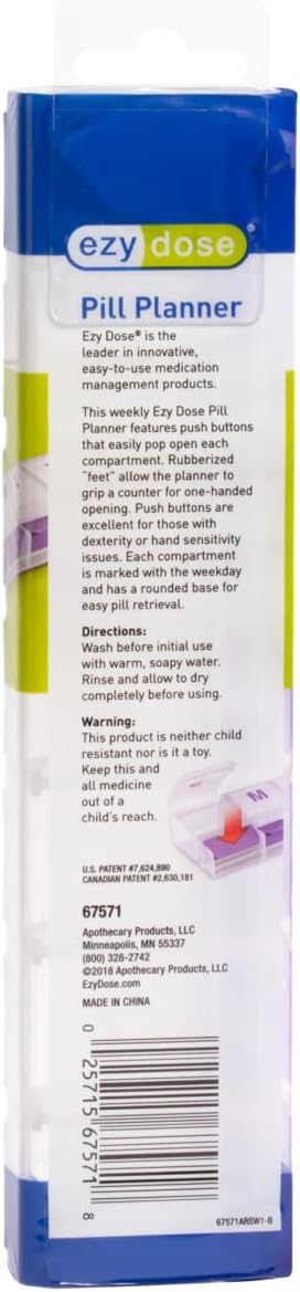 EZY DOSE Weekly (7-Day) AM/PM Daily Pill Organizer, Vitamin Case, and Medicine Container, X-Large Compartments, Arthritis Friendly, Convenient with Effortless Portability, Clear/Purple Lids, BPA Free