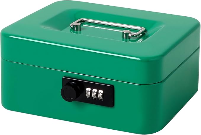Jssmst Medium Cash Box with Combination Lock - Durable Metal Cash Box with Money Tray Green,7.87 x 6.3 x 3.35 inches