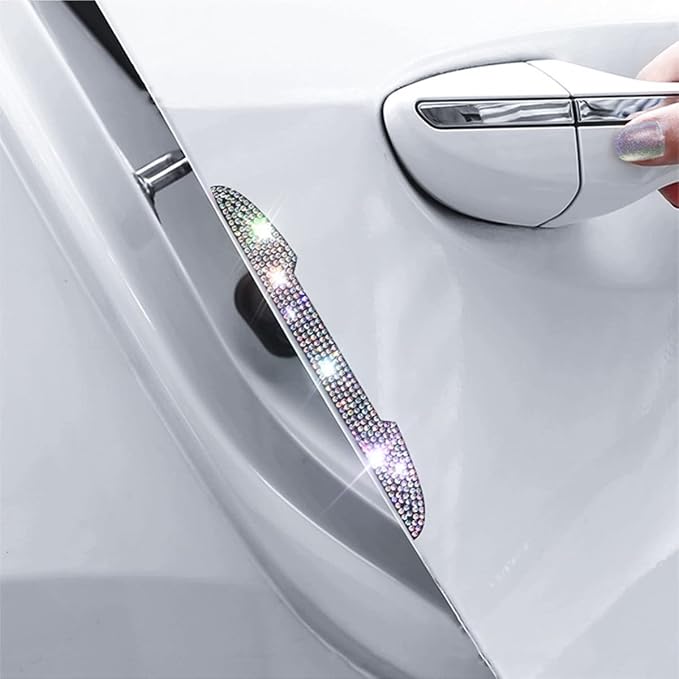 4PCS Bling Car Door Handle Scratch Protector, Multicolor | 5.75x0.39 Inch, Universal fit, side panels/mirror edges, stainless steel, rhinestones, adhesive backing, exterior accessories