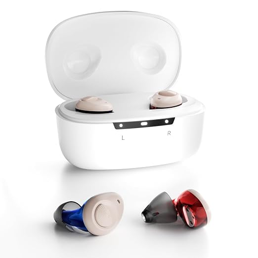 Ceretone OTC Hearing Aids for Seniors Rechargeable, Advanced Intricon® 16-Channel Digital Chip, Noise Reduction, Auto On/Off, Comfortable Hearing Aids for Mild to Moderate Hearing Loss, Red & Blue